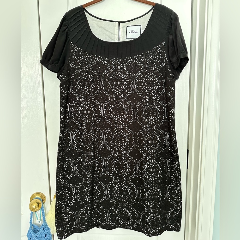 Chaus Black Lace Short Puff Sleeve Round Pin Tucked Collar Cotton Blend Dress